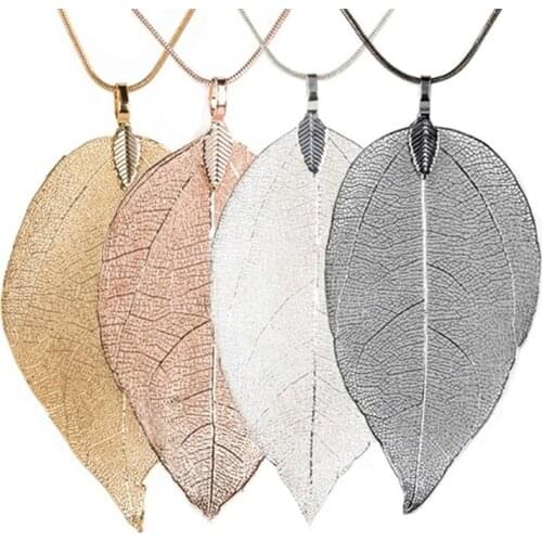 Women Fashion Unique Necklace Jewelry Charm Black Gold Leaves Real Nature Leaf Pendant Long Sweater Statement Necklace