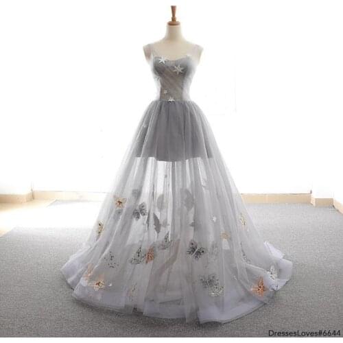 2021 Gray Elegant Sweet Homecoming Dress Sweetheart Butterfly Appliques Tulle A-line Floor Length Women Prom Party Night Gowns