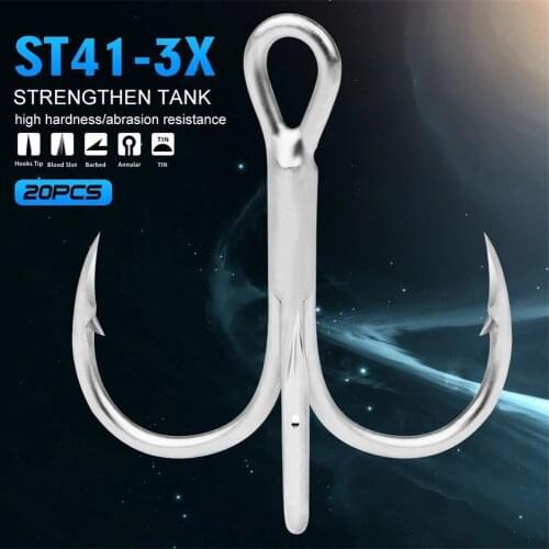 20pcs/lot ST41-3X 2#-4#-6#-8#-10# White Color Treble Hook High Strength Hooks High-Carbon Steel Saltwater Fishing Hook New