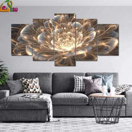 5 Piece 5d Diy Diamond Painting Full Square Wall Art for Living Room Office Decorations Stretched Golden Rays Fractal Flower
