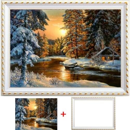 Framed Diamond Painting Full Round Winter Sunset 5D Diamond Embroidery Cross Stitch River Mosaic Decortion