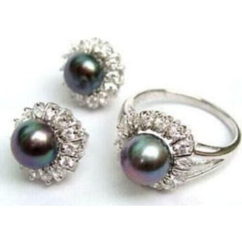 Free shipping $wholesale_jewelry_wig$ Noblest r black pearl Ring+Earring jewelry set