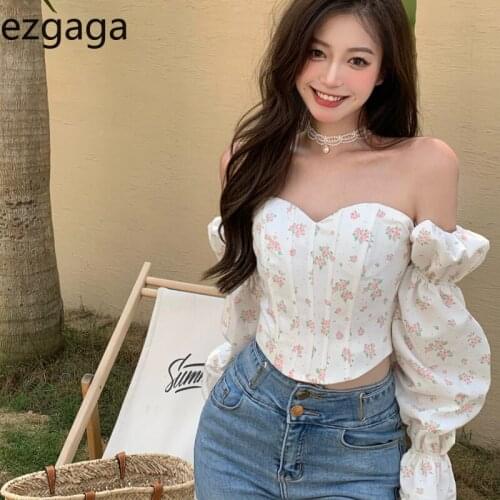 Ezgaga Sexy Blouse Women Off Shoulder Patchwork Floral Shirts Elegant Long Lantern Sleeve Zipper Slim Clubwear Korean Chic Tops