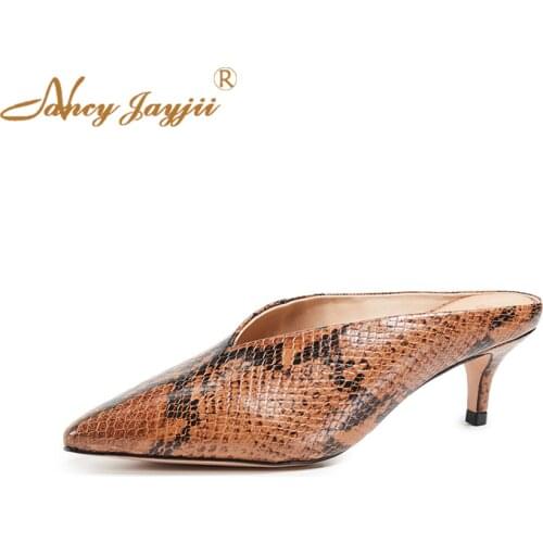 Summer Snakeskin Med Kitten Pointed Toe Sandals Woman Mules Thin Heels Large Size 11 15 For Woman Casual Dress Sexy Fashion 2019