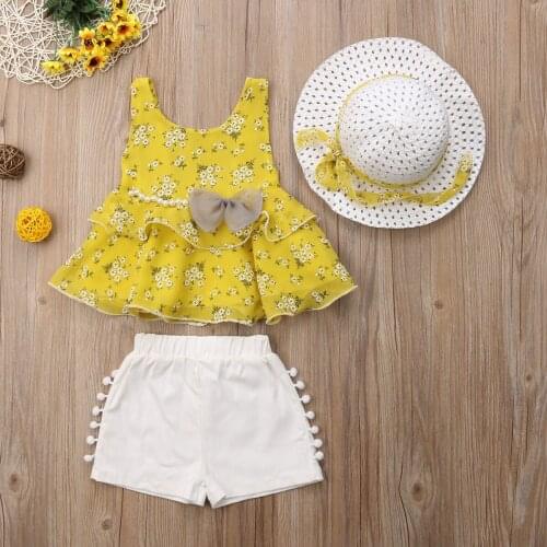 Brand Kids Baby Girl Clothes Summer Princess 3pcs Set Cotton Sleeveless Vest Flower Tops+Short Denim Pants+Hats Kid Outfits Set