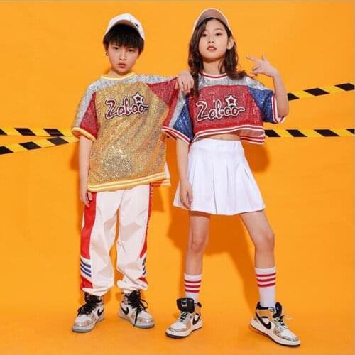Kids Ballroom hip hop outfits Sequined Tshirt jogger Pants dancing Clothing Girls Boy Jazz Dance Costume Clothes street Wear