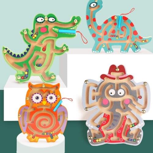 Kid Early Learning Educational Toys Wooden Magnetic Animal Maze Puzzle Dinosaur Walking Beads Labyrinth Children Toys
