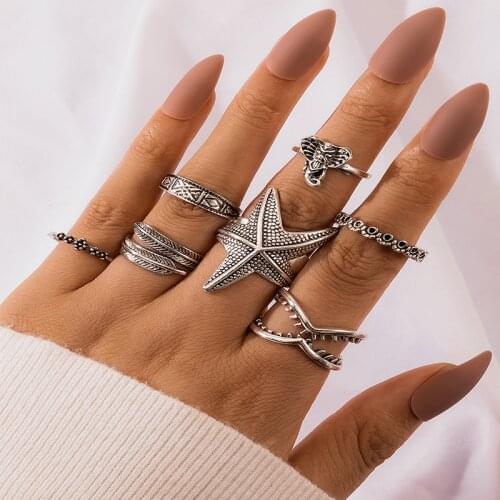 HuanTang 7pcs Vintage Star Elephant Knuckle Rings Set for Women Geometric Silver Color Leaves Finger Ring Female Jewelry Anillos