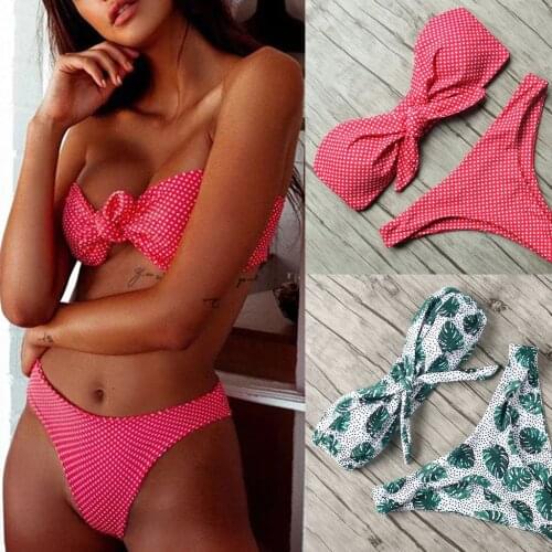 High Waist Two-pieces Bikini Set 2021 Swimsuits Bandeau Swimwear Women Shiny Bow Biquini Strapless Bathers Bathing Suit Dropship