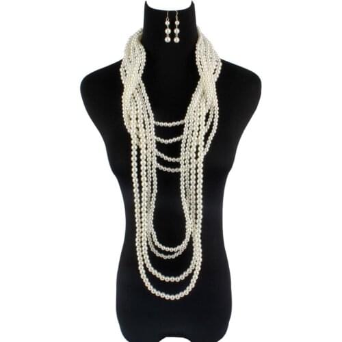 Classic Exaggerated Creative Multi-layer Pearl Epoxy Resin Luxury Tassel Necklace Earrings Set Long Sweater Necklace Jewelry