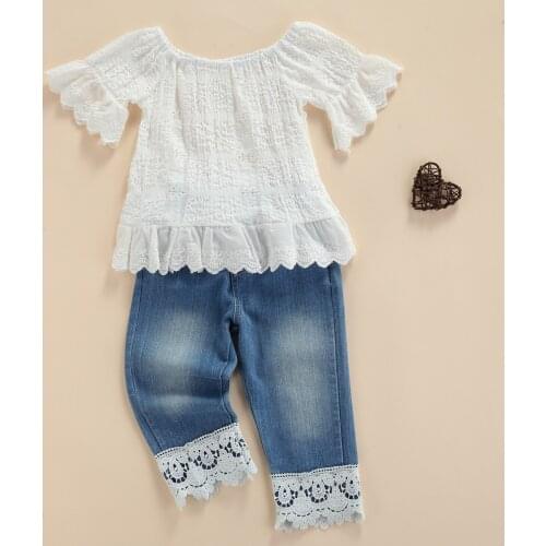 Girl’s Lace T-shirt and Trousers Suit Fashion Short Sleeve Tops + Denim Pants Lace Panel Kid Casual Clothing Set