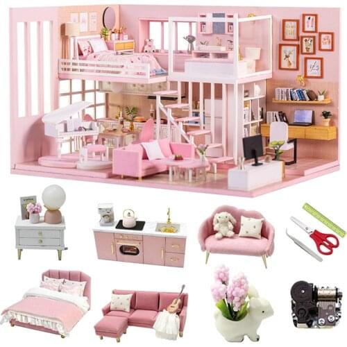Diy Miniature Dollhouse Kit Pink Wooden House Modern Style Model Building Christmas Gift Toys For Children Doll House Furniture