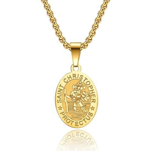 Stainless Steel Gold Christ Religious Saint Christopher Disc Oval Pendant Necklace Jewelry Gift For Him with Chain