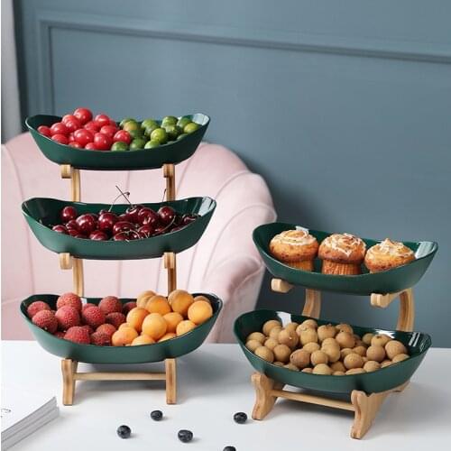 2/3 Tiers Plastic Fruit Plates with Wood Holder Oval Serving Bowls for Party Food Server Display Stand Fruit Candy Shelves