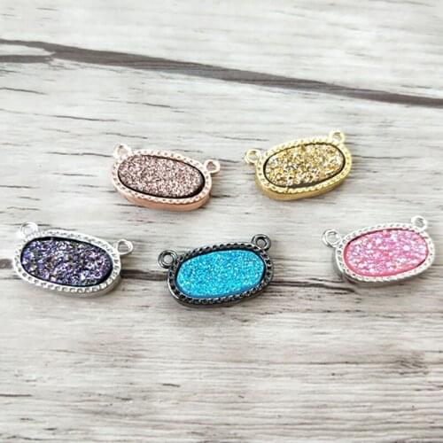 10 Pieces Mix Color Natural druse geode Quartz Titanium Stone oval charm pendant Double Bail DIY Making necklace Jewelry PD925