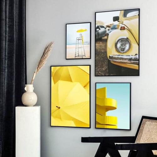 Nordic Canvas Painting Posters and Prints Beach Umbrella Yellow Car Balcony Wall Art Picture Living Room Bedroom Home Decoration