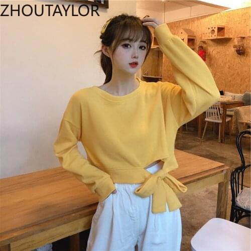 ZHOUTAYLOR Sweatshirt Women Short Office Lady Fashion Full Sleeve Lace Up Solid O-Neck Loose Autumn New Pullovers Female S0704