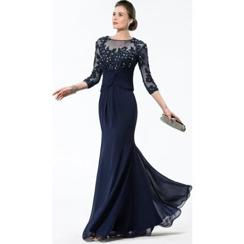 DressV Long Navy Blue Mother Of The Bride Dresses 2019 Chiffon Beaded Appliques Bodice Sheer 3/4 Sleeves Mothers Evening Dresses