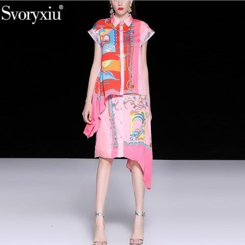 Svoryxiu Elegant Runway Summer Pink Printed Skirt Suit Womens Casual Vacation Party Asymmetry Fashion Two Piece Set Female