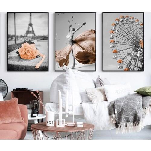 Retro Paris Landscape Dancing Girl Tower Flowrer Poster Nordic Canvas Painting Wall Art Brown Print And Picture Room Home Decor