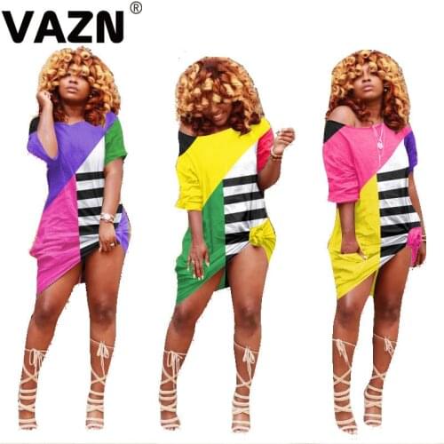 VAZN Young casual 2020 summer sexy lady 3 color smid dress short sleeve O-neck colorful dress young girl comfortable chic dress
