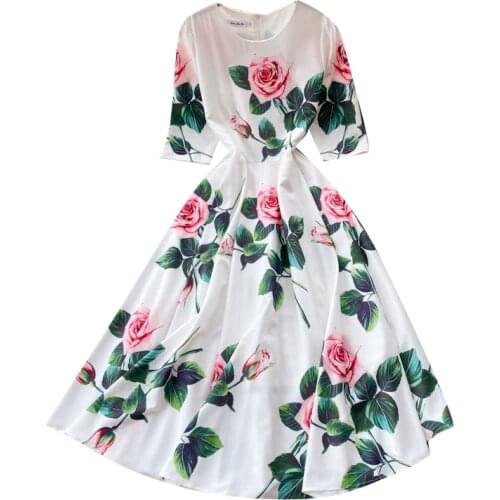 New Spring Summer Women O-Neck Half Sleeve Big Hem Slim Long Dress High Quality Rose Flowers Print Runway Dress
