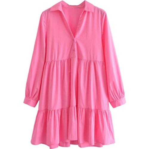 Women Casual Pink Color Pleated Shirt Dress Turn Down Collar Long Sleeve Mini Dress Female Solid Cotton Sundress Vestido