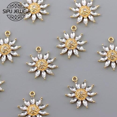 10Pcs 25*21mm Sunflower Charm Shiny Crystal Petal Gold Color Metal Flowers Pendant Wholesale For DIY Fashion Earring Accessories