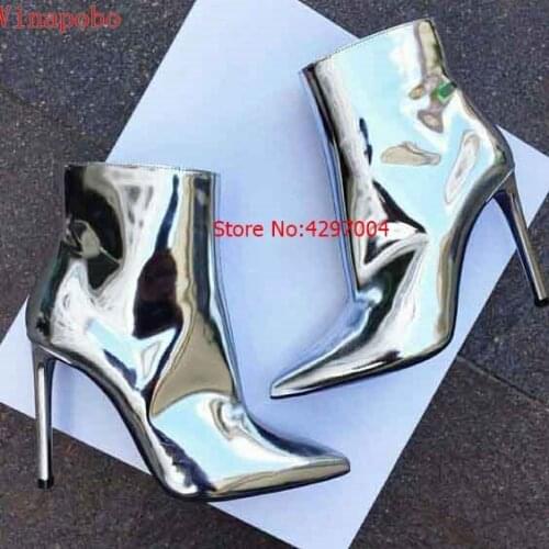 Silver Gold Patent Leather Ankle Boots 10.5CM High Heels Boots Women Winter Shoes Female Pointed Toe Woman Spring Autumn Boots