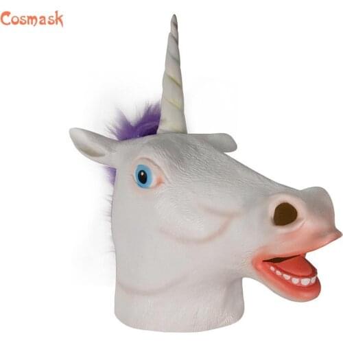 Cosmask Purple Hair Unicorn Mask Full Face Halloween Horse Unicorn Mask Novelty Creepy Head Latex Party Mask
