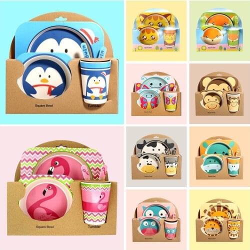 Kid Feeding Bowl Dinner Plate Gift Baby Bamboo Dishes Set Eco-friendly Cartoon Aniaml Bowl+Spoon+Fork Feeding Food Tableware