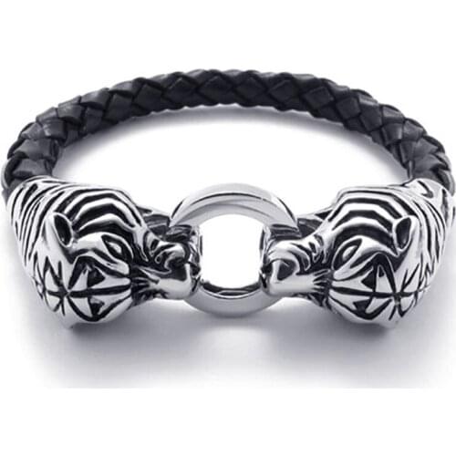 Mens Stainless Steel Dragon/Tiger Bracelet Fashion Viking Dragon Head Leather Bracelet Mens Accessories Energy Bracelet