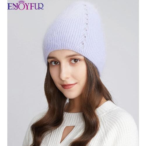 ENJOYFUR Warm Women Winter Knit Hats Real Angora Wool Caps Fashion Rhinestone Striped Lined Dome Beanie Russia Female Ski Hats