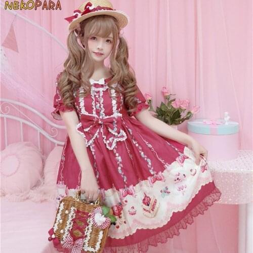 Strawberry Cake Cute Womens Lolita JSK Dress &OP Dress Summer Dress Bows Lace Trim One Piece Red White 2 Type Sweet