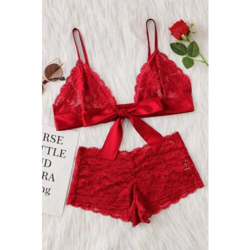Womens Red Lace & Ribbon Bra Panty Set sexy underwear women underwear