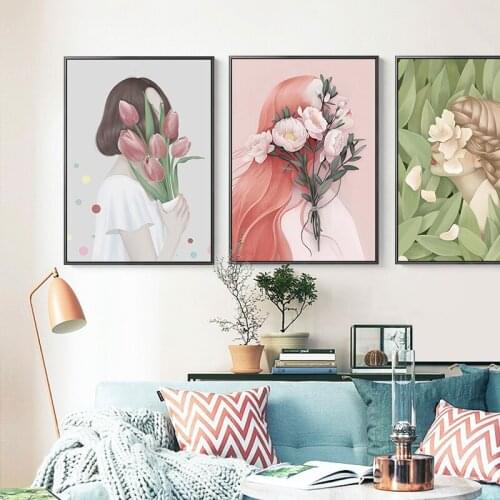 Nordic Hand painted beautiful girl Canvas Painting Prints Posters figures flowers Pictures for Living Room Morden home Decor