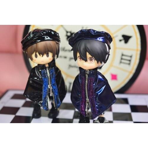 OB11 doll dress size fashion trend bright color zipper leather cape + Versatile Super cool hat two-piece set in black navy blue