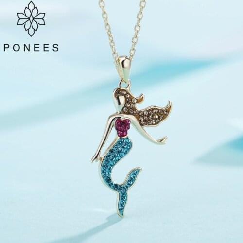 PONEES Dropshipping Summer Colorful Pave Setting Shimmery Mermaid Pendant Necklace For Women Girls Gift Animal Jewelry
