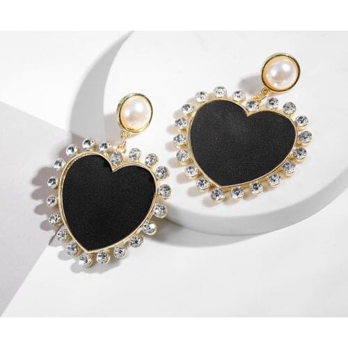 Black Big Heart Shape Drop Dangle Earring Fashion Large Crystals Pearl Statement Hanging Earring For Women Wedding Jewelry