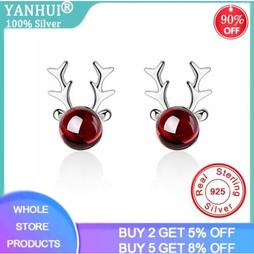 YANHUI New Sweet Elk Antlers Deer Red Garnet Earrings For Women Trend Creative 925 Sterling Silver Christmas Jewelry Oorbellen