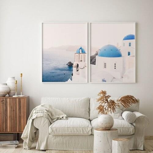Santorini Blue Church Seascape Poster 2 Piece Set Greek Photography Print Wall Art Pastel Colors Pictures for Living Room
