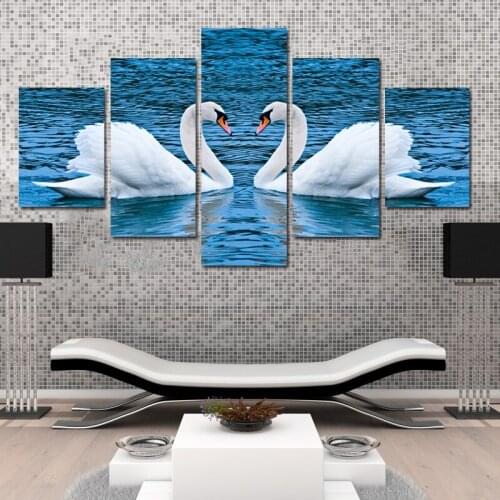Scandinavian Canvas painting Heart-shaped couple swans On the lake HD Modular 5 sheet living room decoration wall pictures