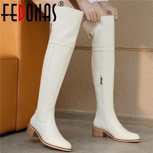 FEDONAS Thick Heels Women Over-The-Knee Boots Autumn Winter Genuine Leather Fashion Concise Party Casual Splicing Shoes Woman