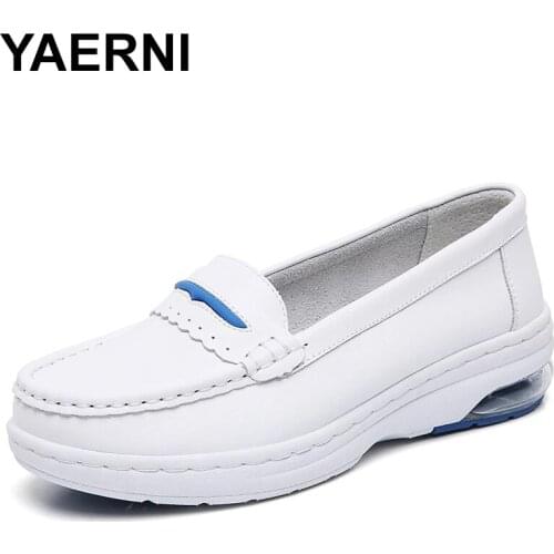 YAERNI 2021 Spring Loafers Flats Women Ladies Solid White Air Cushion Nursing Shoes Casual Shoes Slip-on Boat Deck Shoes