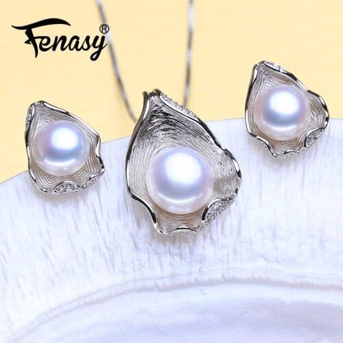 FENASY 925 Sterling Silver Jewelry Sets Natural Pearl Pendant Necklaces For Women Shell Shape Trendy Stud Earrings
