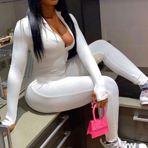Autumn Female Solid Color Zipper Casual Sporty Workout Bodycon Long Sleeve Turtle Neck Ribbed Skinny Jumpsuit Women Overall 2021