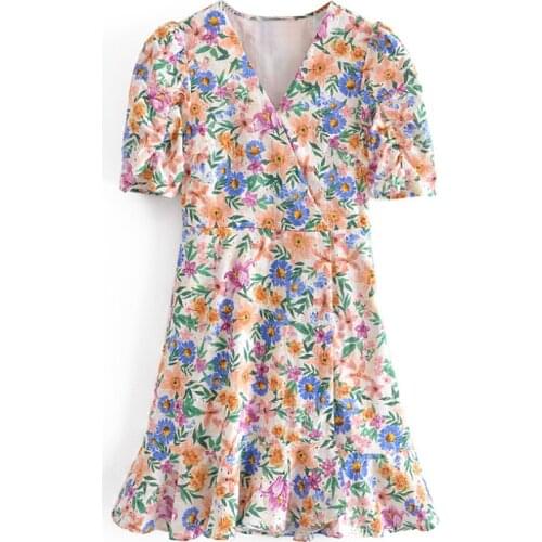 Women Boho Style Floral Printed Mini Dress Fashion Ladies Cotton Short Sleeve Dress Holiday Party V Neck Sundress