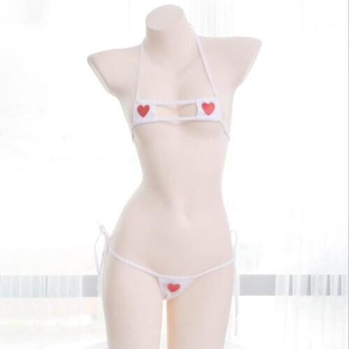 Japanese Sexy Lingerie Lolita Kawaii Black White Heart Print Mini Bikini Adult Cosplay Erotic Costumes Bra Women Underwear Set