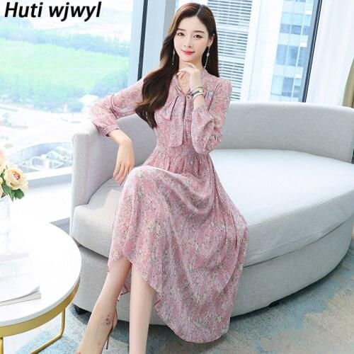 2021 Casual Pink Floral Chiffon Boho Beach Dress Spring Autumn Elegant Bodycon Midi Dress 2021 Long Sleeve Fashion Party Vestido