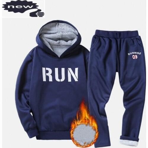 Winter Brand Men Fleece Lining Warm Tracksuit Sportswear Hoodie Male Long Pants Casual Sets Elastic Large Size M-4XL Black